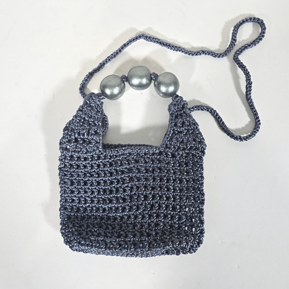 Arte & Tejido Mini Tote Metallic Blue Crochet Bead Handle Handbag Boho Vacation - Picture 2 of 9